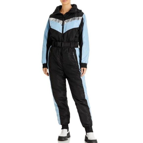 Aqua Womens Small Color Block Hooded Full Zip Snowsuit Black Blue - Picture 1 of 10